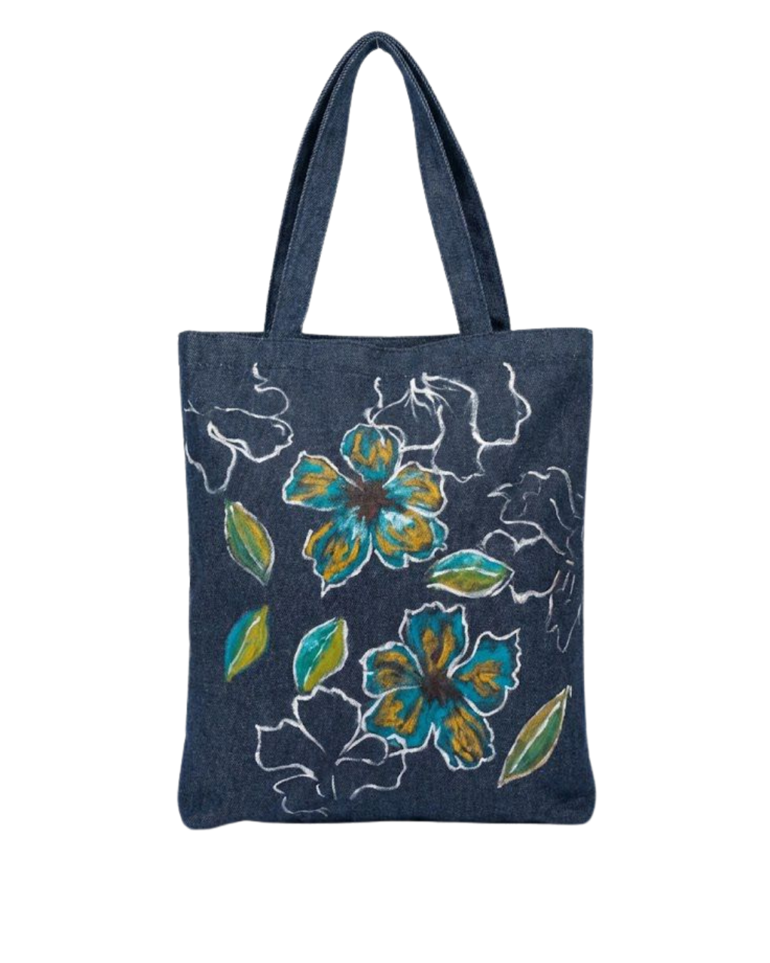 Hand Painted Floral Denim Tote Bag