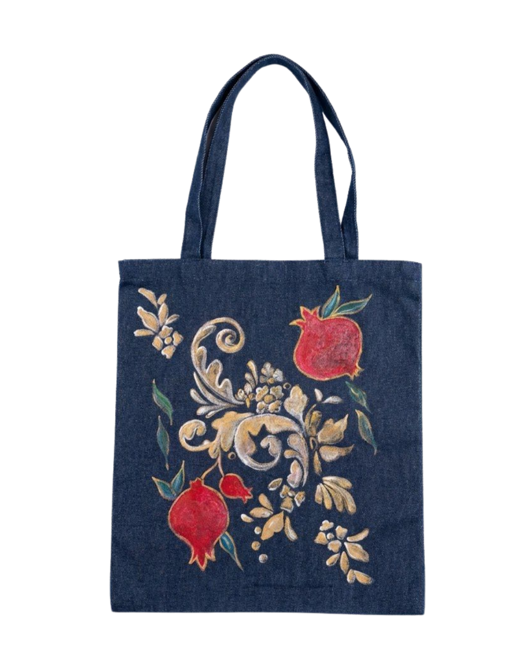 Hand Painted Pomegranate Denim Tote Bag