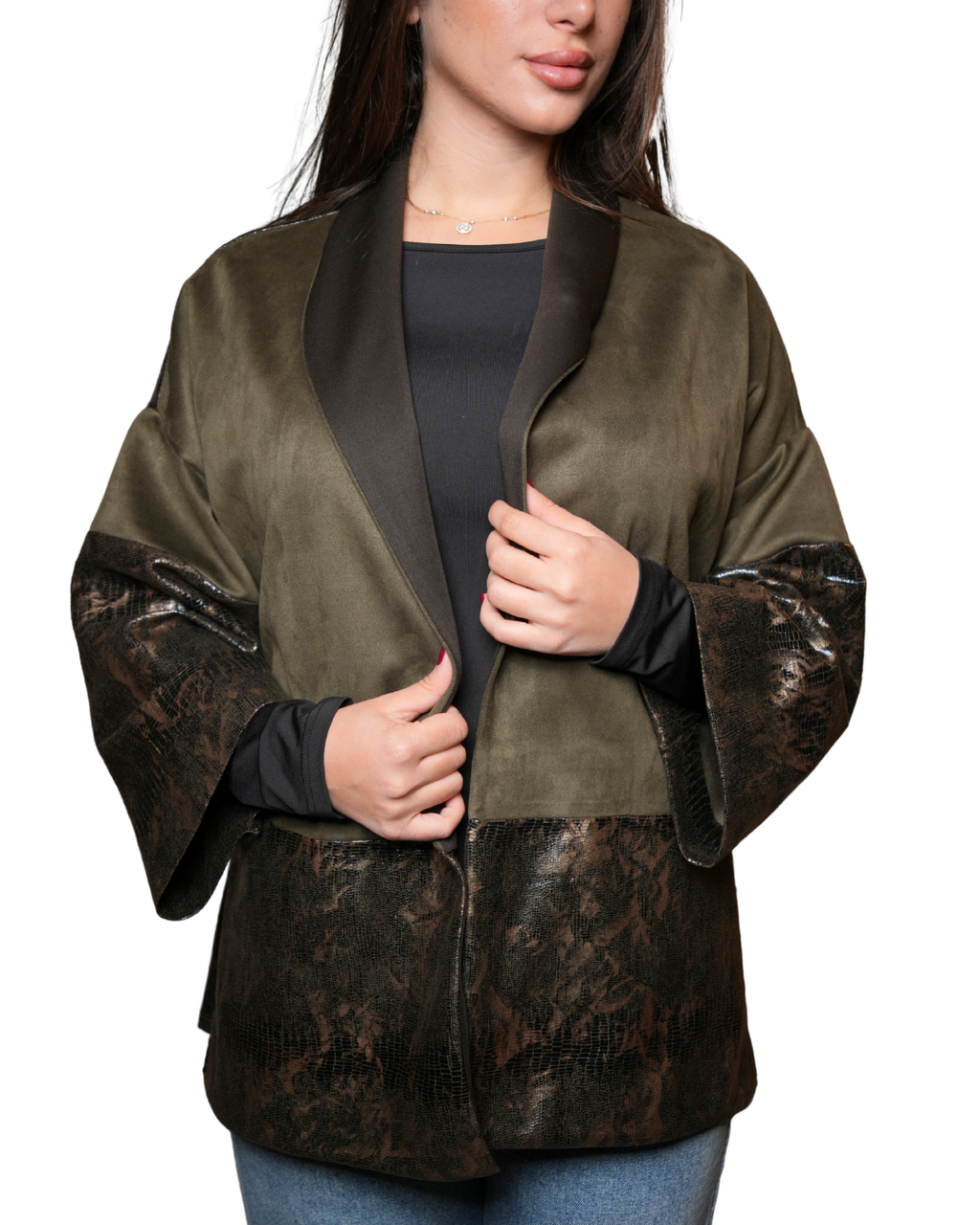 Khaki Suede Leather Cardigan