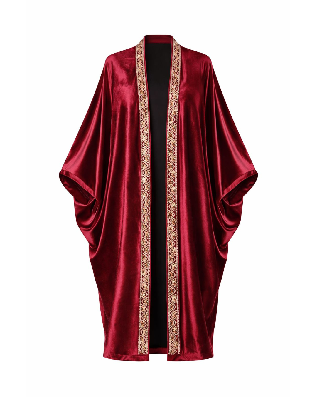 Red Velvet Abaya with Embroidered Trim