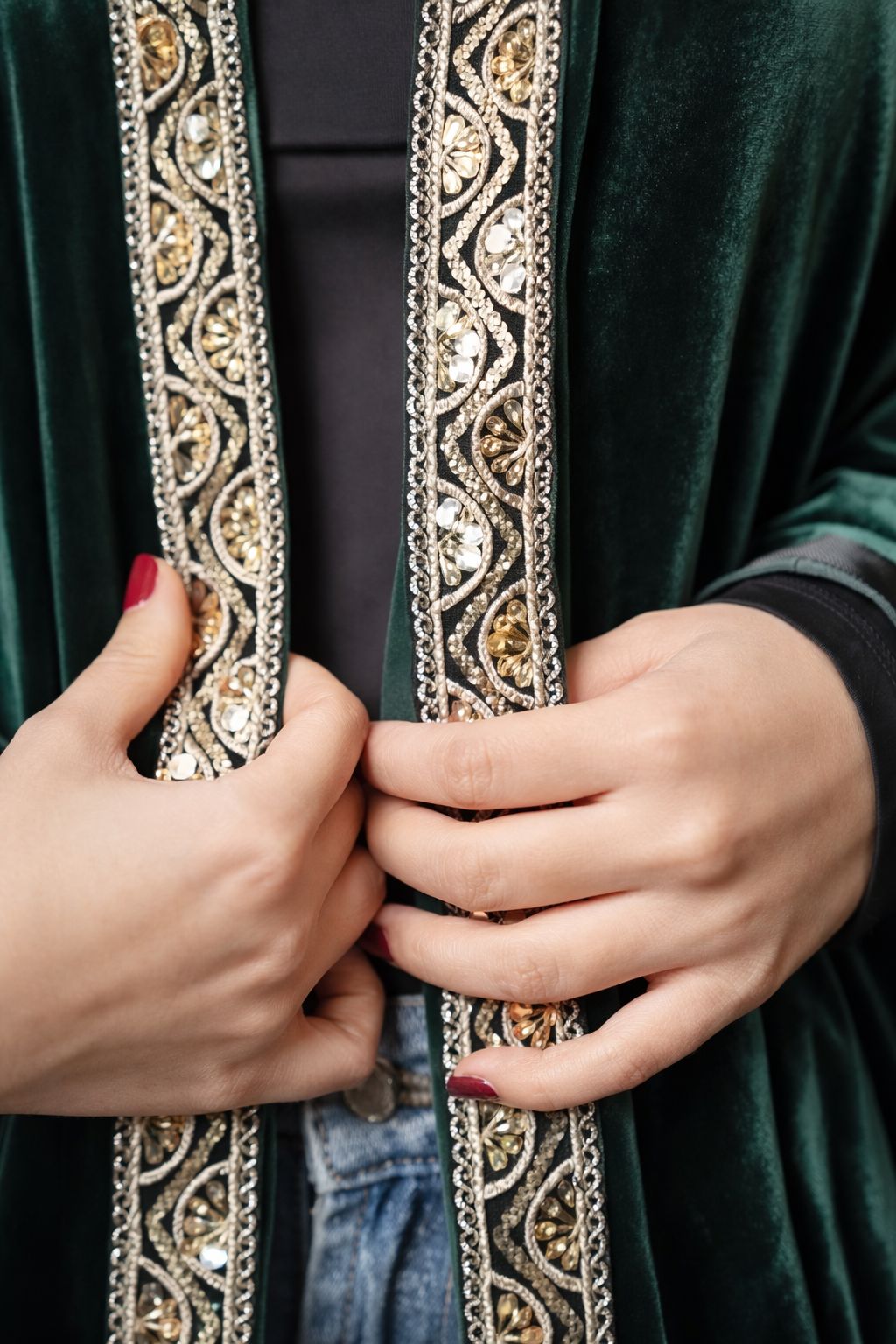 Green Velvet Abaya with Embroidered Trim