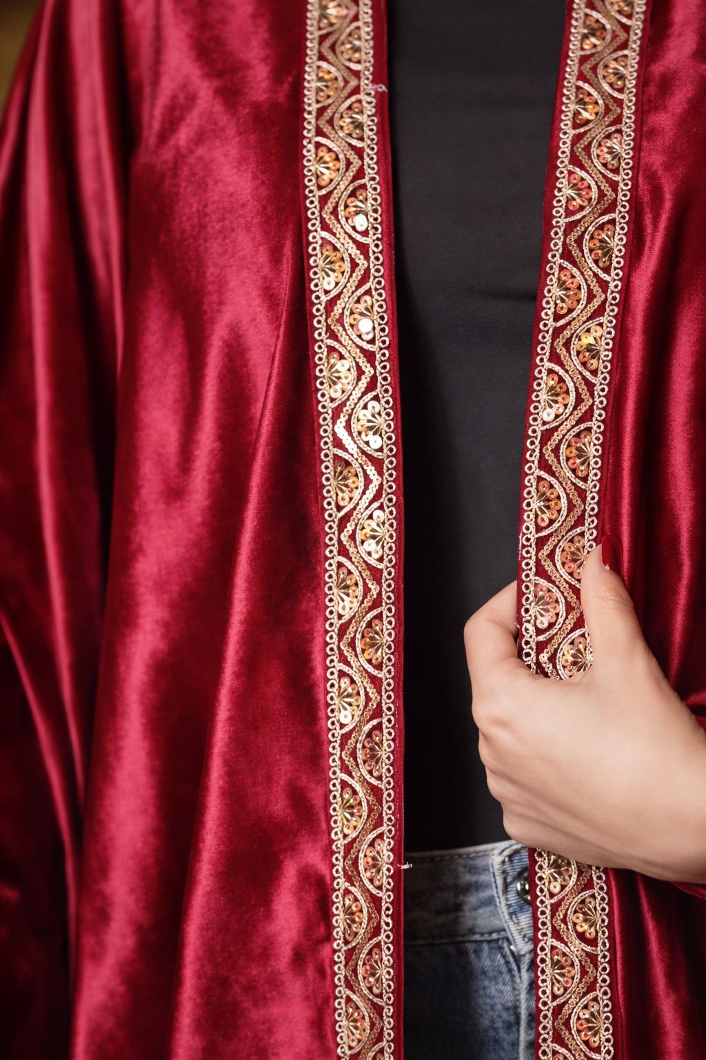 Red Velvet Abaya with Embroidered Trim