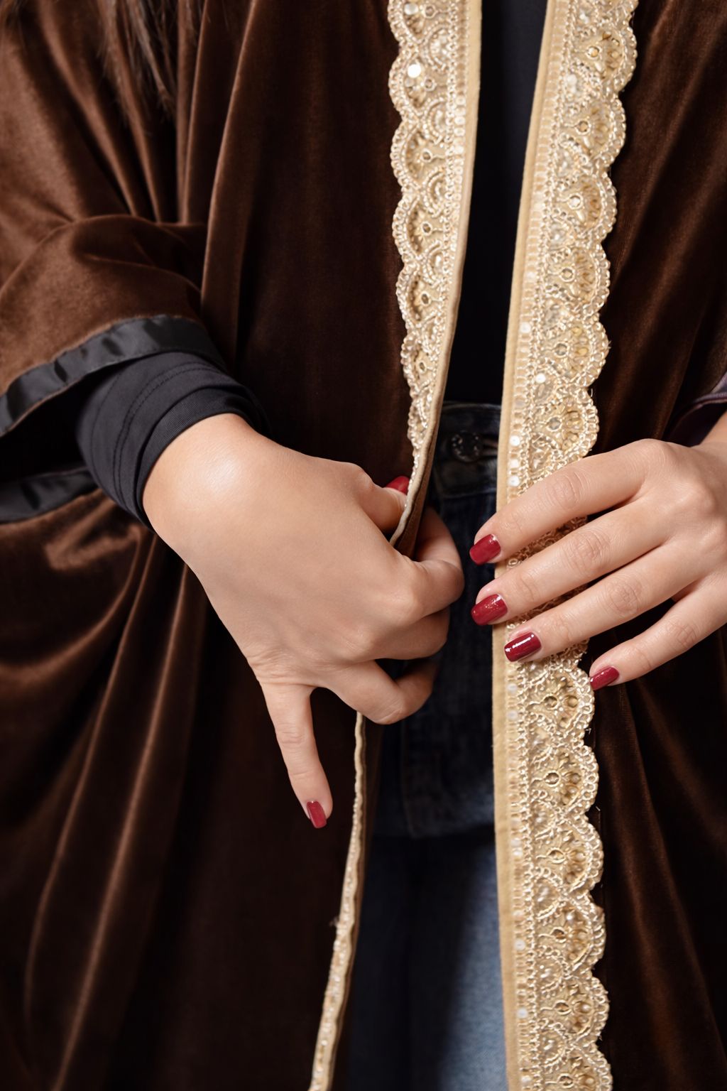 Brown Velvet Abaya with Embroidered Trim